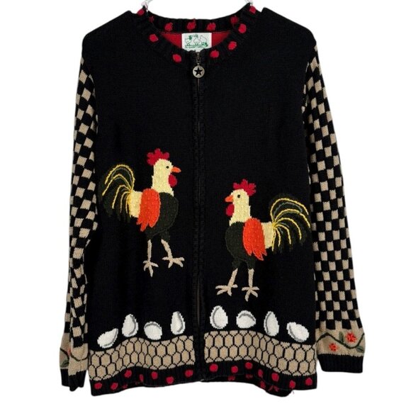 Vtg Quacker Factory Cardigan Sweater L Farm Animal Countrycore Chicken Horse Pig - Picture 1 of 7